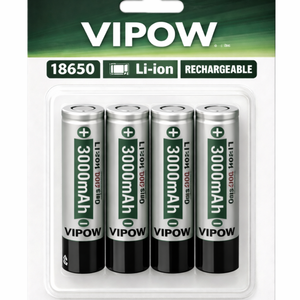 VIPOW 18650 Rechargeable Lithium-Ion Battery 3.7V 3000mAh – High-Capacity Long-Lasting Power Cell for Bluetooth Speakers, Flashlights & Toys (Pack of 4)